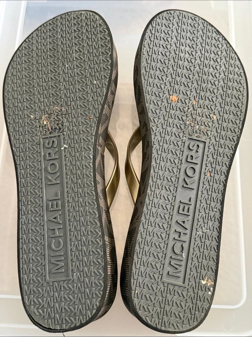 Michael Kors Brown Logo Footbed with Gold Straps Flip Sandals